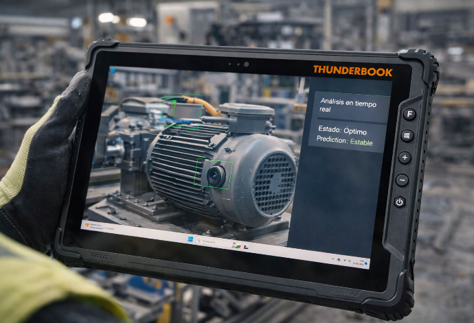 Tablet rugerizada SPARTAN W108 ejecutando análisis con inteligencia artificial en entorno industrial